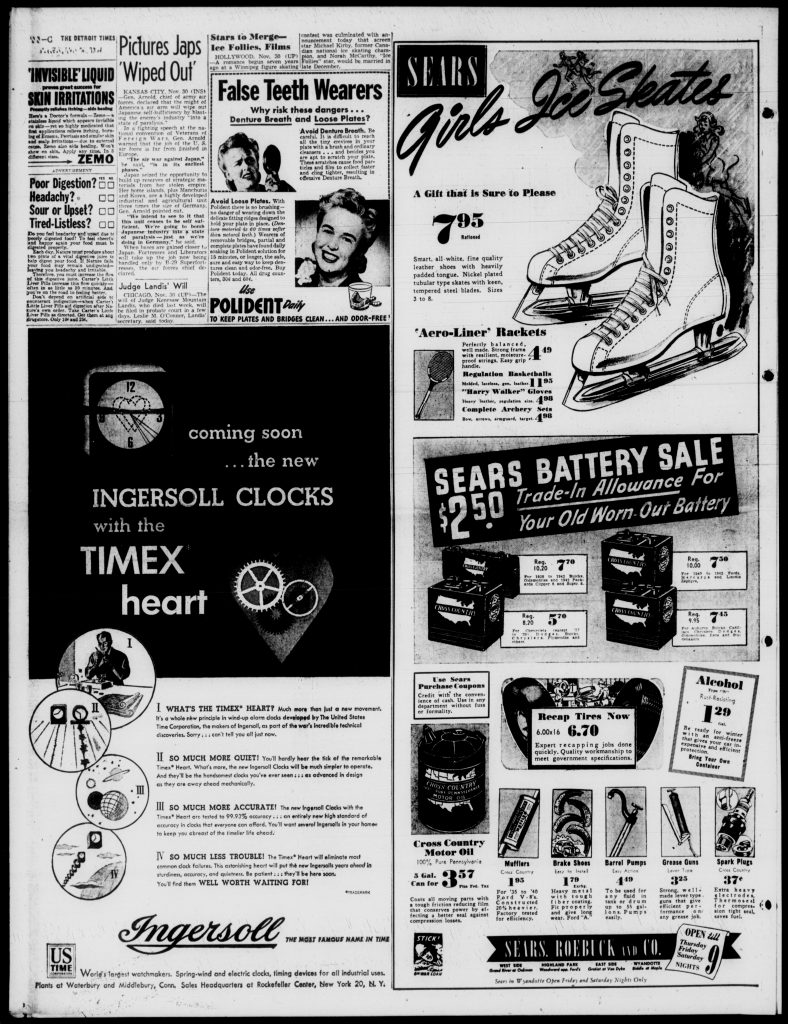 1944 Timex Ad Detroit Evening Times December 1 Page 34C