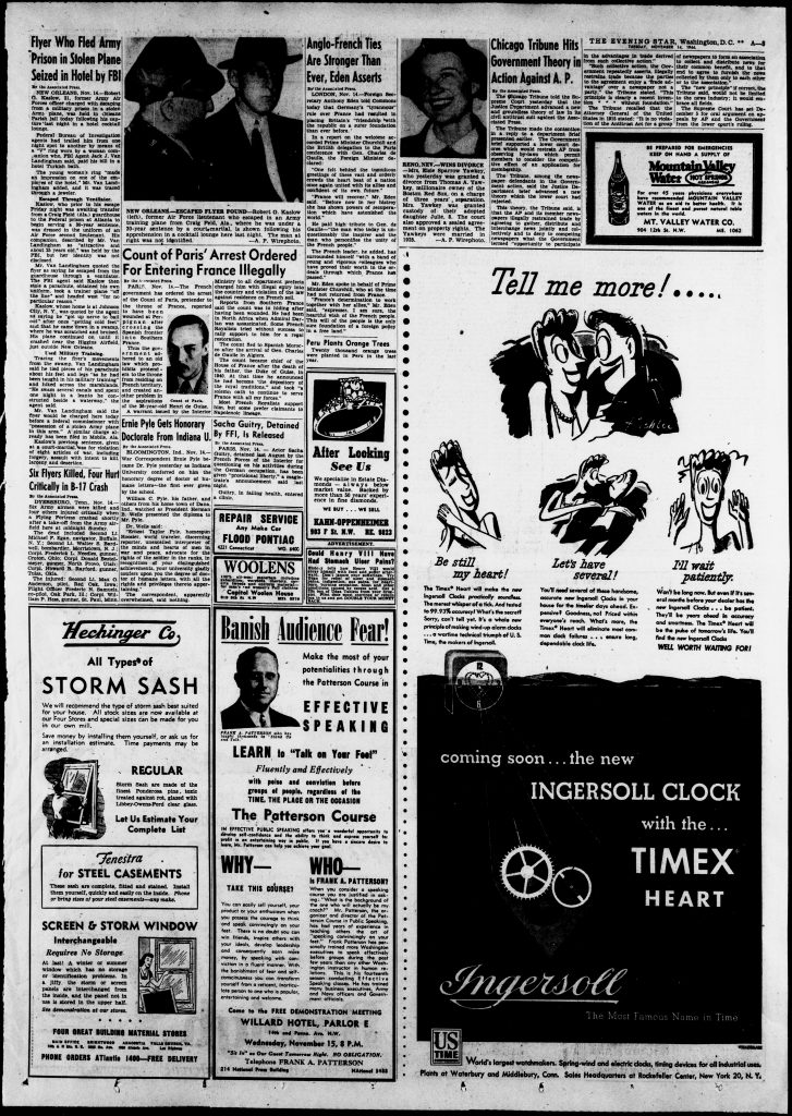 1944 Timex Ad Evening Star November 14th Page A5